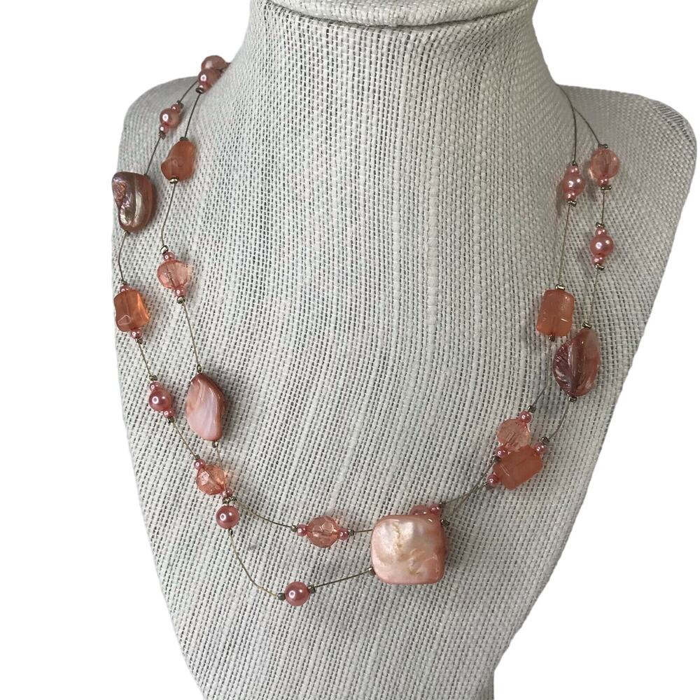 Stone Beaded Princess Necklace Multi-strand Vintage Coral Tone 20"